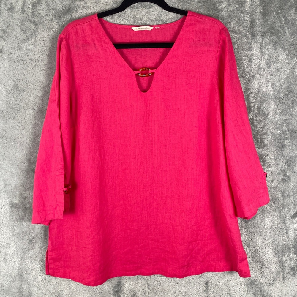 Soft‎ Surroundings Linen Tunic Women XL Pink Excellent Tortoise Detail 3FW94